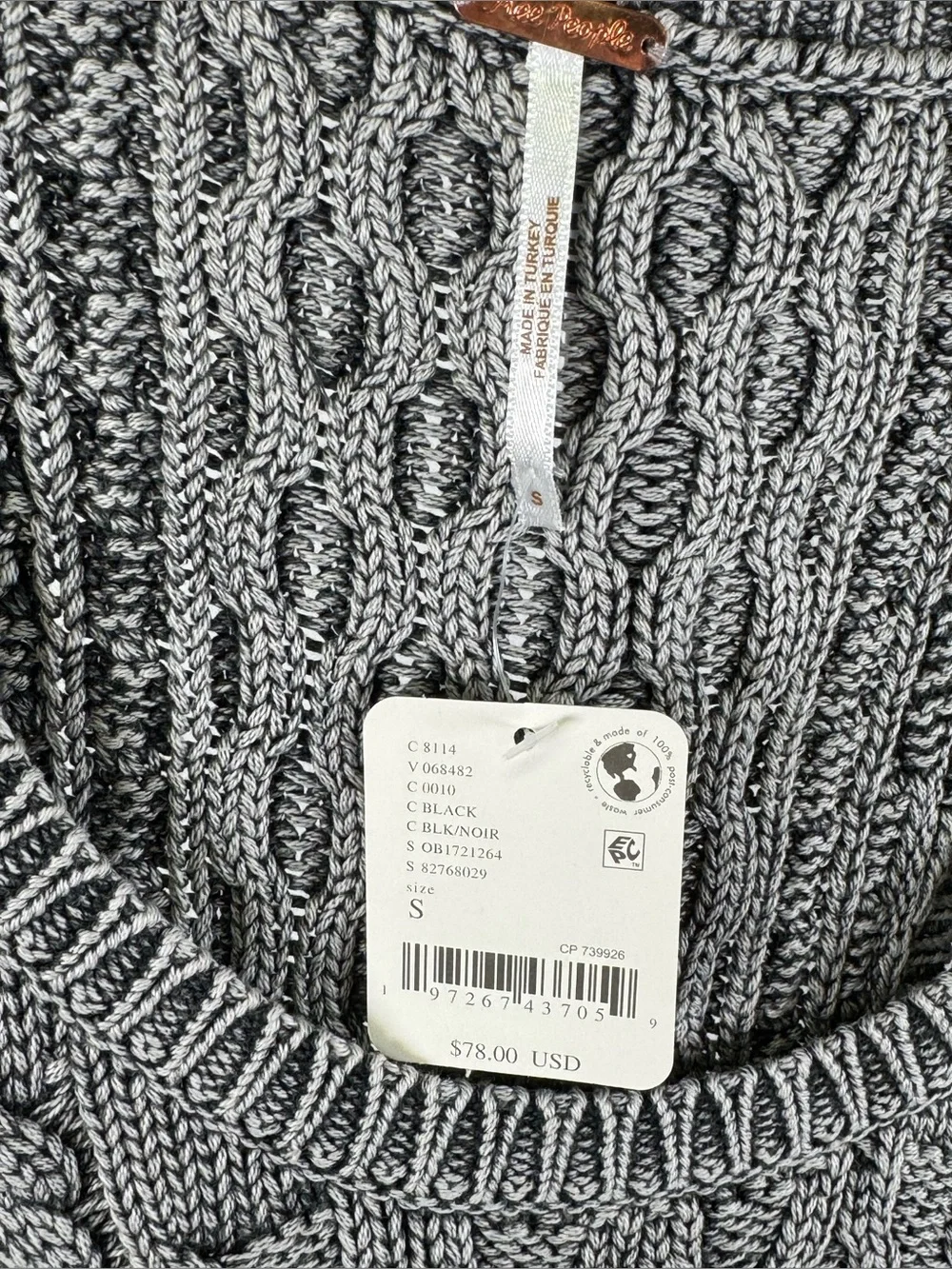 NWT Free People Cable Knit Sweater Tank Gray Cotton Scoop Neck Slouchy Top S